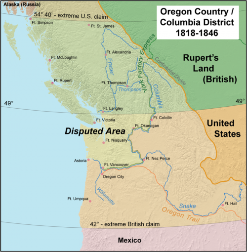O Tratado de Oregon estabelece o 49º paralelo como a fronteira entre os Estados Unidos e o Canadá entre as Montanhas Rochosas e o Estreito de Juan de Fuca.