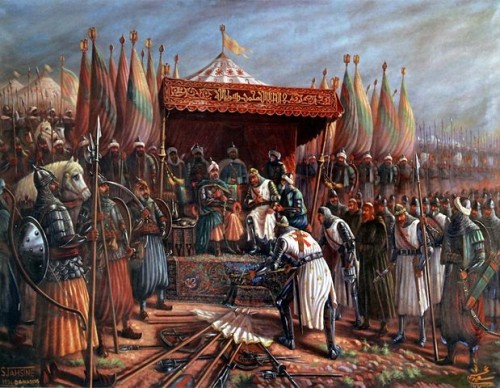Saladino derrota os cruzados comandados por Guy de Lusignan na Batalha de Hattin